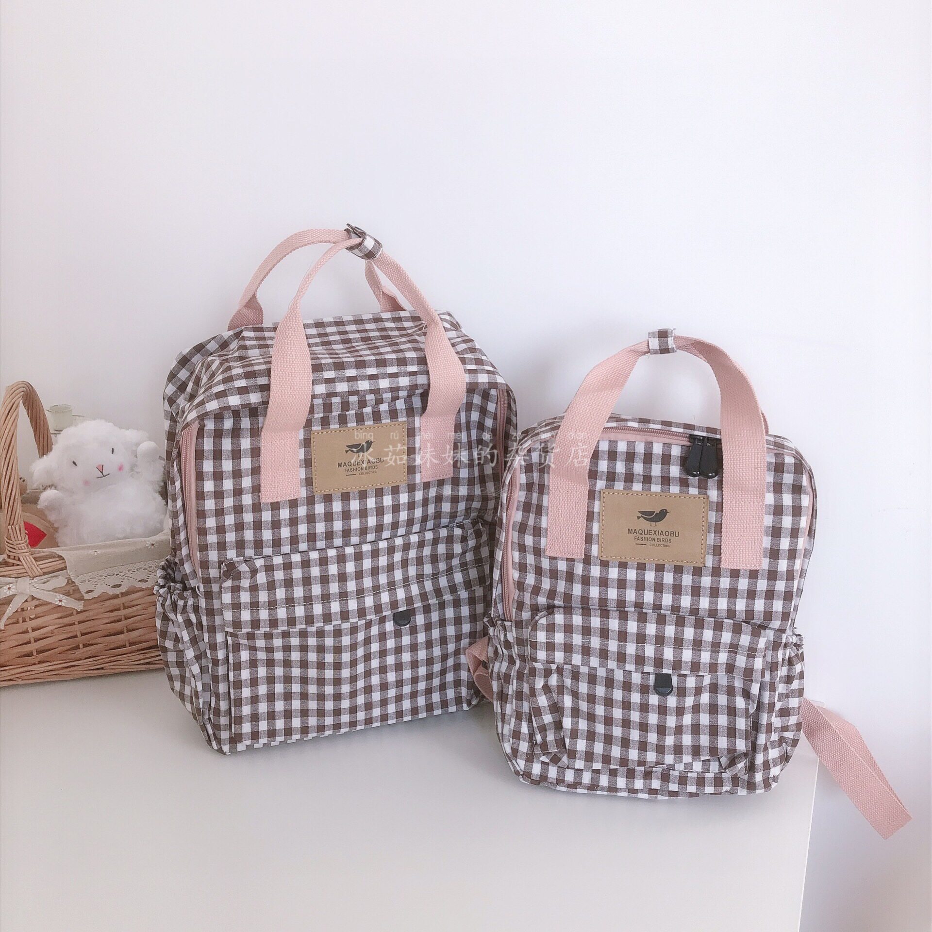 冰茹妹妹家韩国清新粉嫩少女洛丽塔软妹粉格手提双肩背包