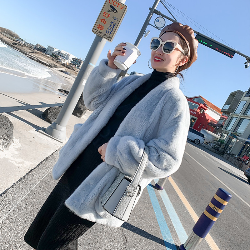 dearyan进口天鹅绒水貂整貂皮大衣女皮草外套中长款2021新款