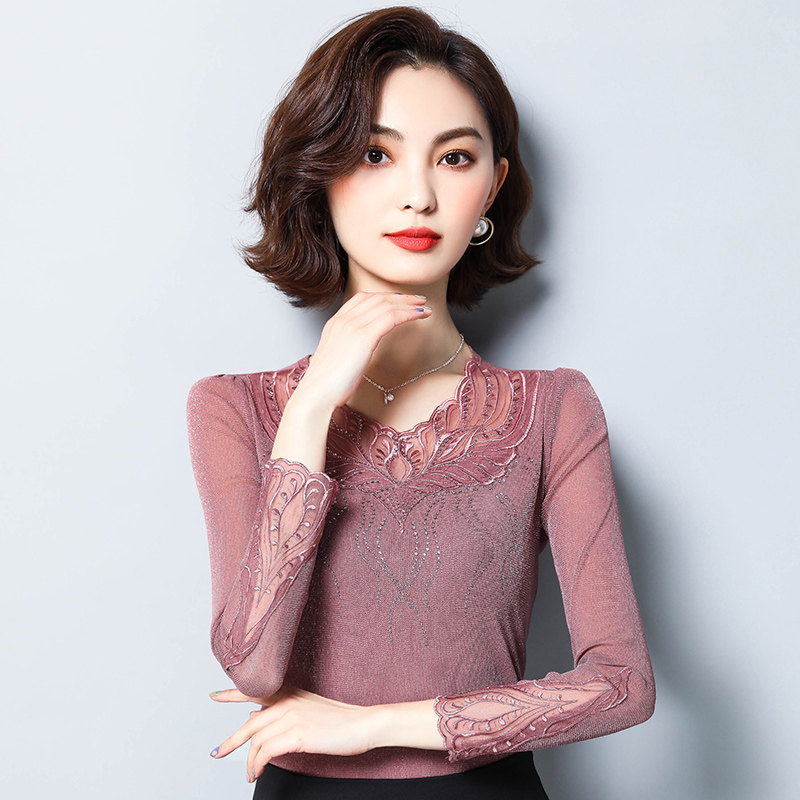 低领春秋蕾丝打底衫女长袖薄款百搭蕾丝衫