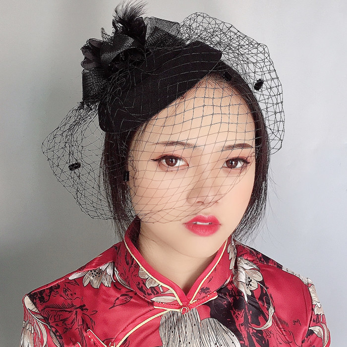 旗袍头饰复古羽毛面纱发饰新娘网纱小礼帽发夹发饰