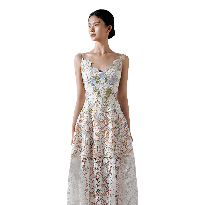 品牌授权越南小众lobbster2021夏季新款吊带蕾丝蕾丝花连衣裙
