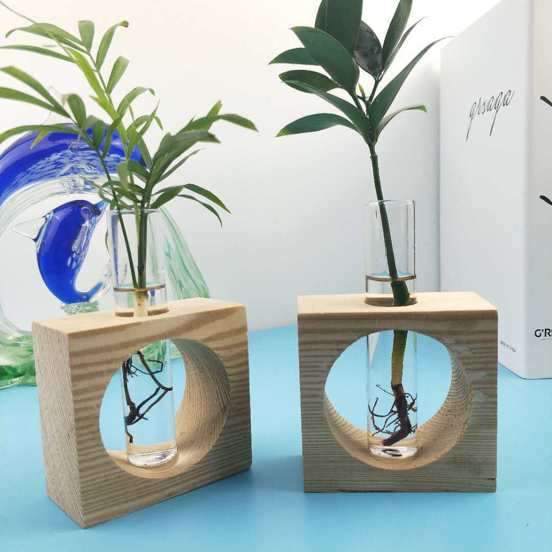 创意水培花瓶透明玻璃小清新木艺摆件插花瓶桌面绿萝水养植物容器