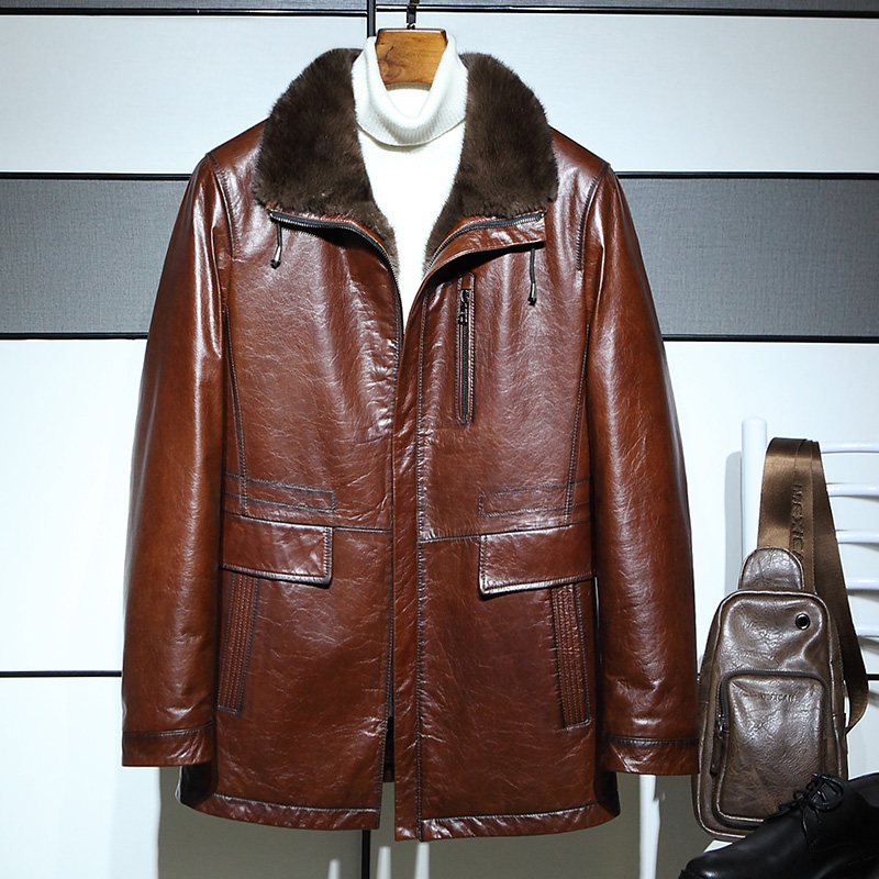 男士真皮皮衣水貂内胆海宁皮夹克中长款牛皮翻领皮毛一体冬季外套