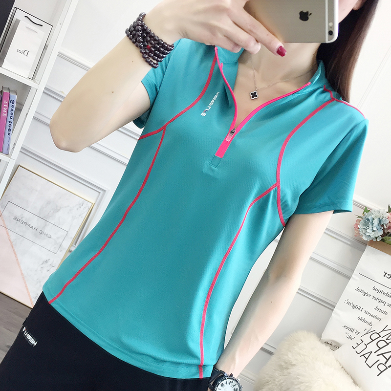 夏季薄款女式速干衣短袖弹力宽松大码立领半袖衫户外徒步登山服装