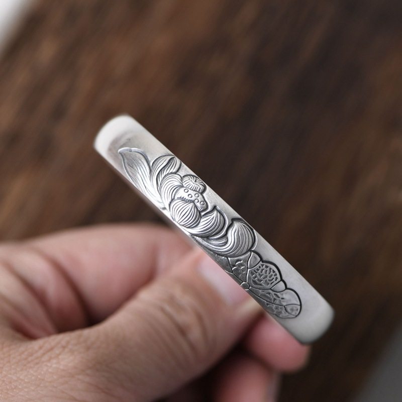 古银铺足银复古工艺莲花荷叶银饰镯子女款泰银哑光心经银手镯