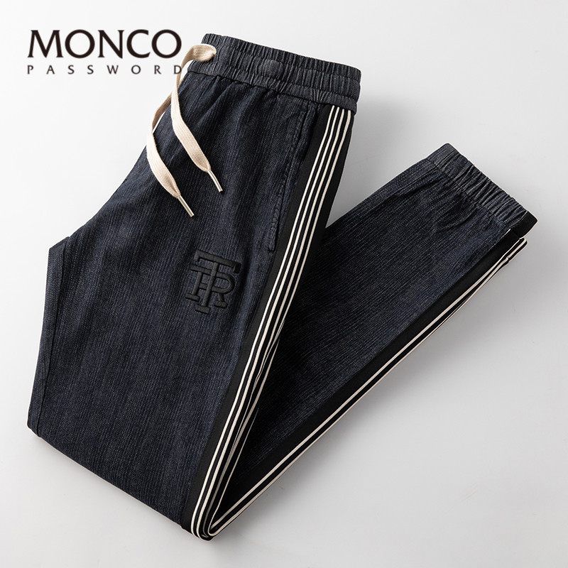 蒙口 密码抽绳束脚牛仔裤男高端纯棉侧边条纹弹力收口刺绣运动裤