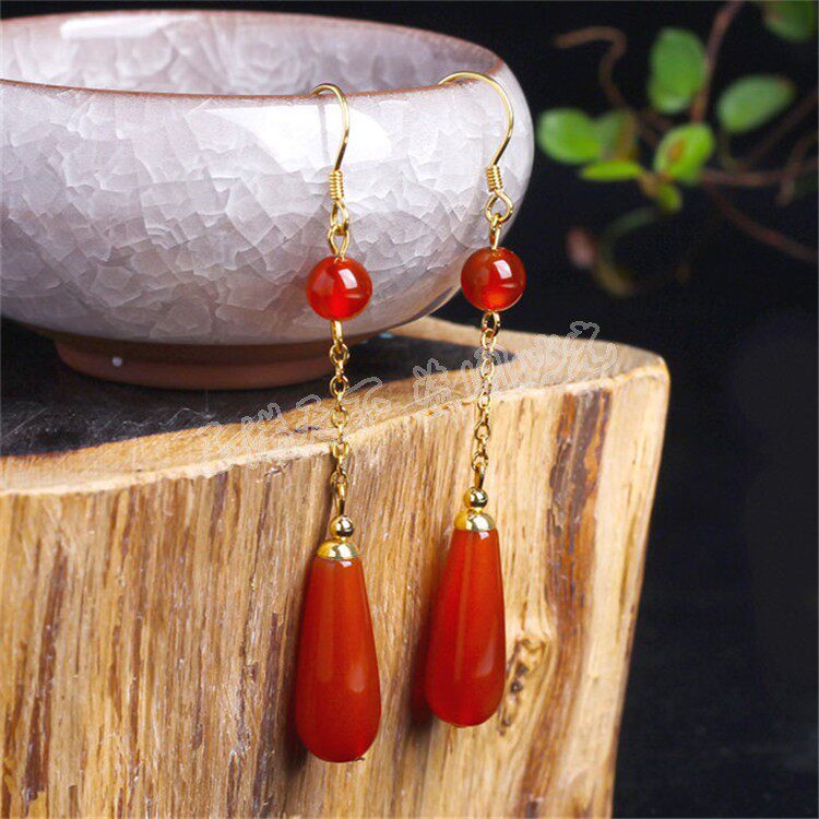 天然红玉水滴耳坠14k包金玛瑙耳环清新仙气耳环
