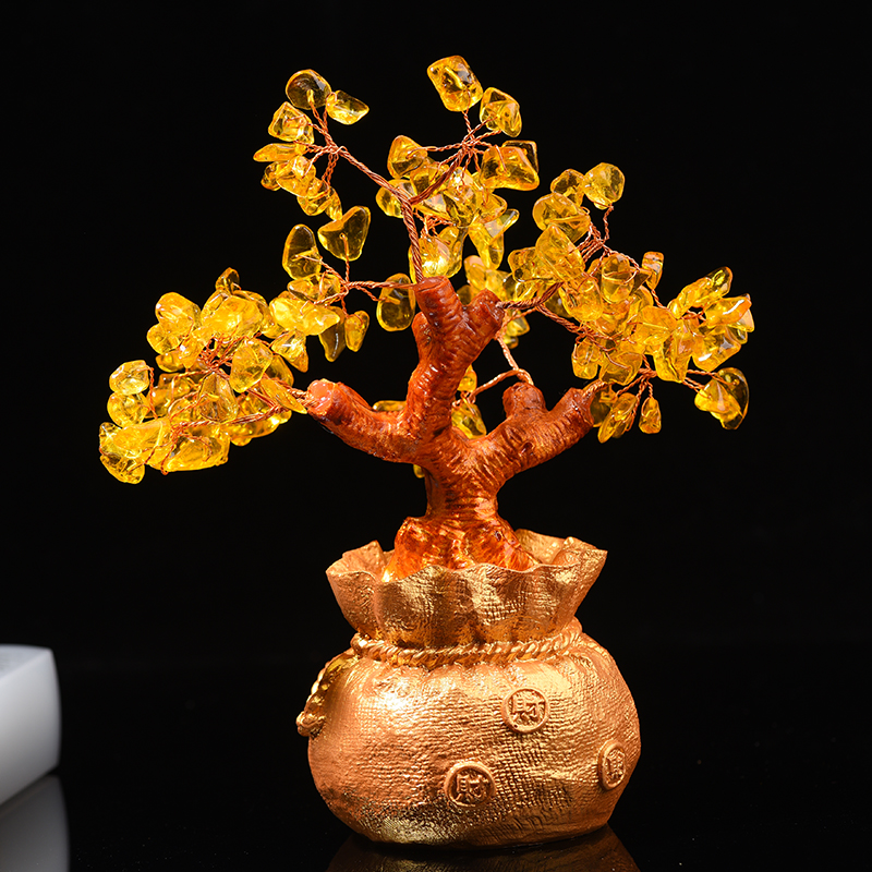 黄水晶摇钱树摆件小招财树家居创意酒柜家装饰品客厅电视柜发财树