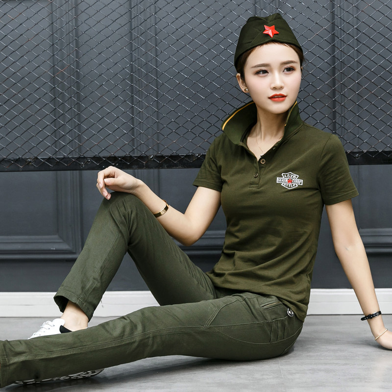 迷彩服女装2022夏季新品短袖修身韩版军翻领t恤