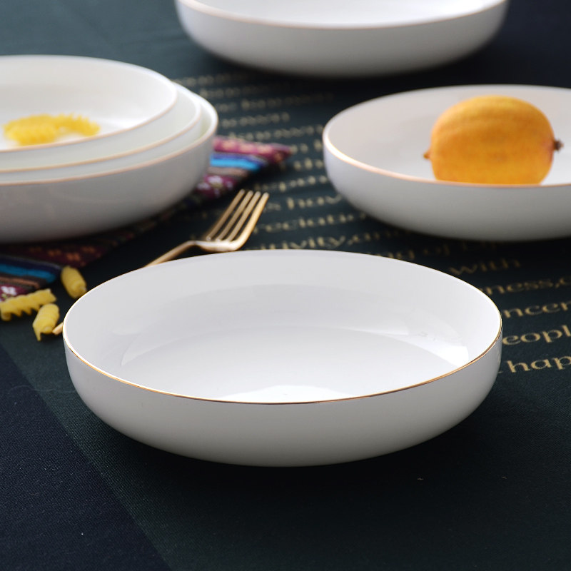 盘子骨瓷10个装白色7英寸家用金边饭盘汤盘圆形盘