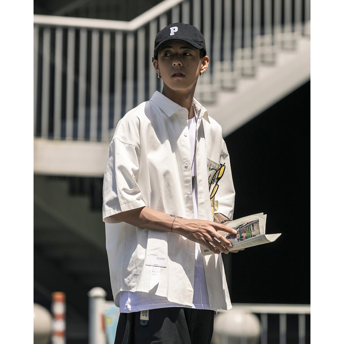 男道2022夏季简约小众口袋刺绣短袖上衣男士宽松情侣休闲潮牌衬衫