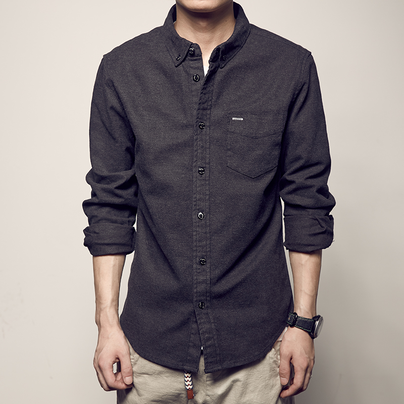 男道2021秋装新品磨毛纯色衬衣胸前口袋长袖上衣单排扣男士衬衫潮