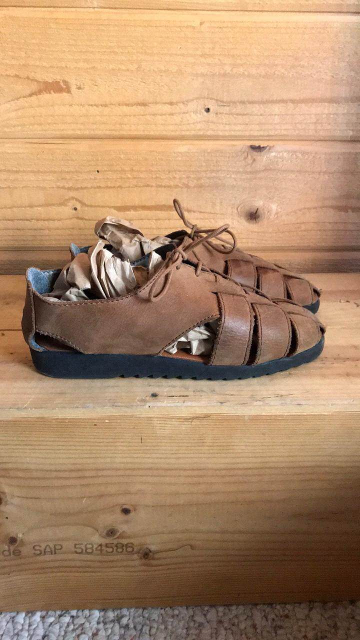 woven美国代购古着老式90年代迷人编织棕色皮革时装凉鞋