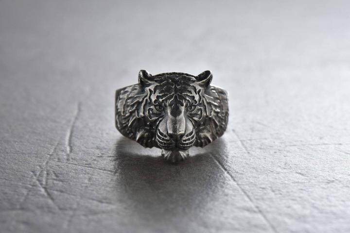 俄罗斯代购tiger手作复古老虎生肖动物氧化纯银戒指