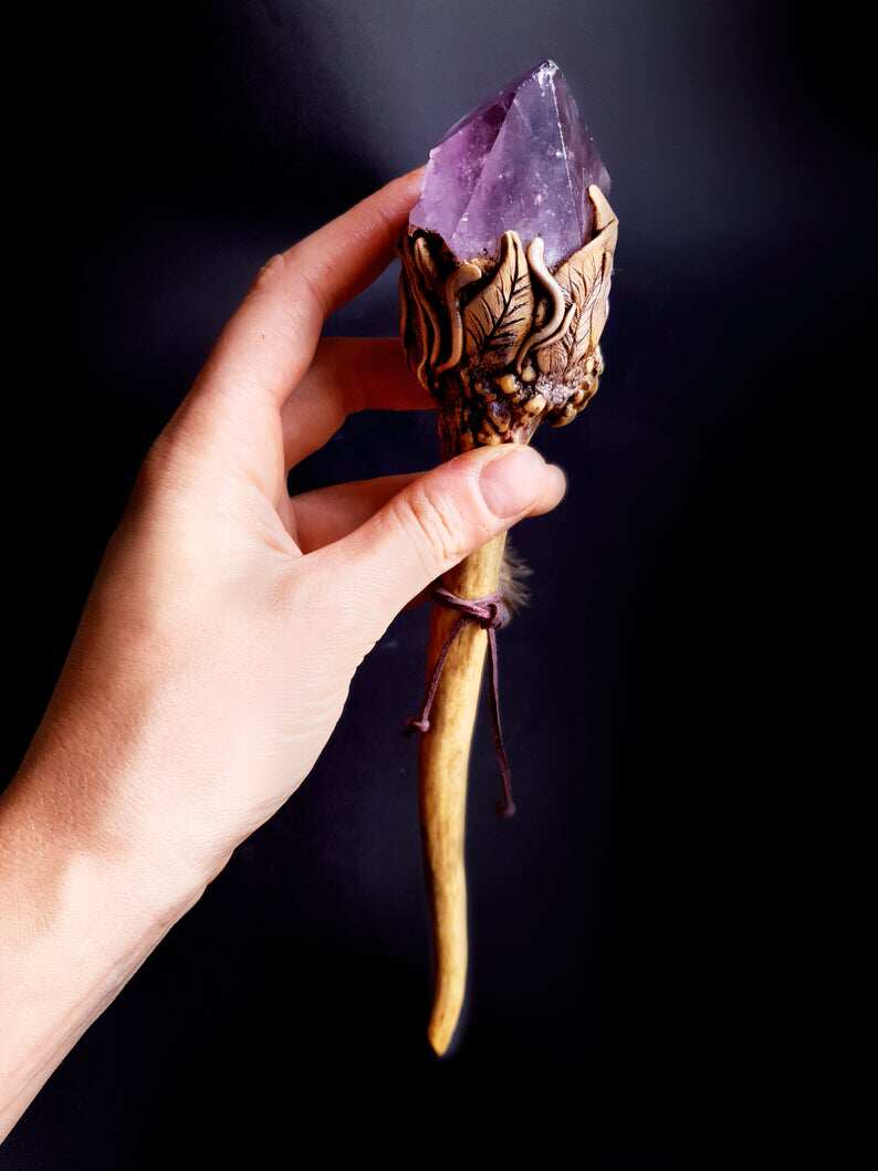 匈牙利代购amethyst手作复古紫水晶玛瑙羽毛权杖魔杖其它