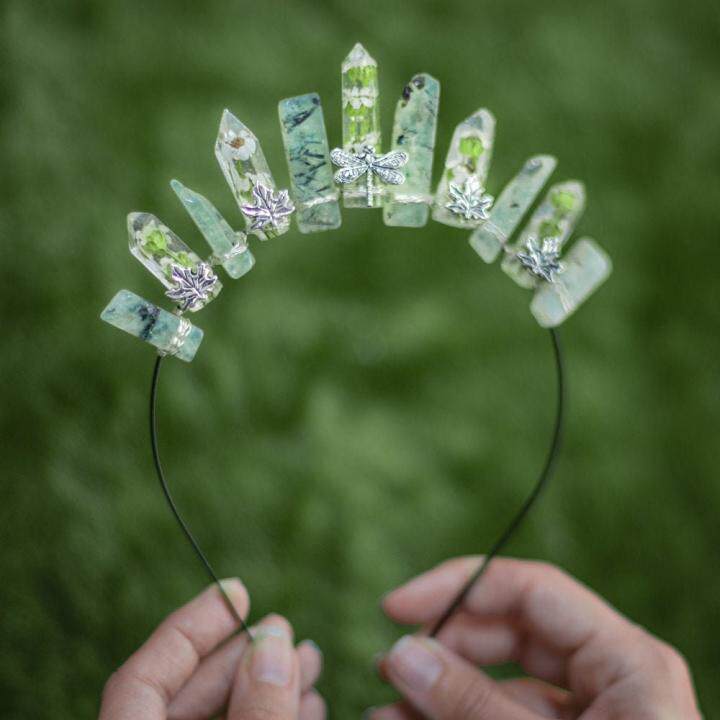 海外代购tiara手作苔藓玛瑙石英透明树脂月亮新娘头饰