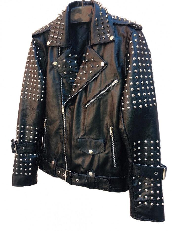 海外代购studded手作朋克风格男士黑色真皮铆钉皮衣