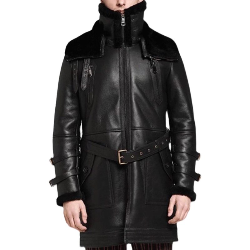 英国代购genuine手作可拆卸双领黑色毛皮羊皮长大衣皮衣