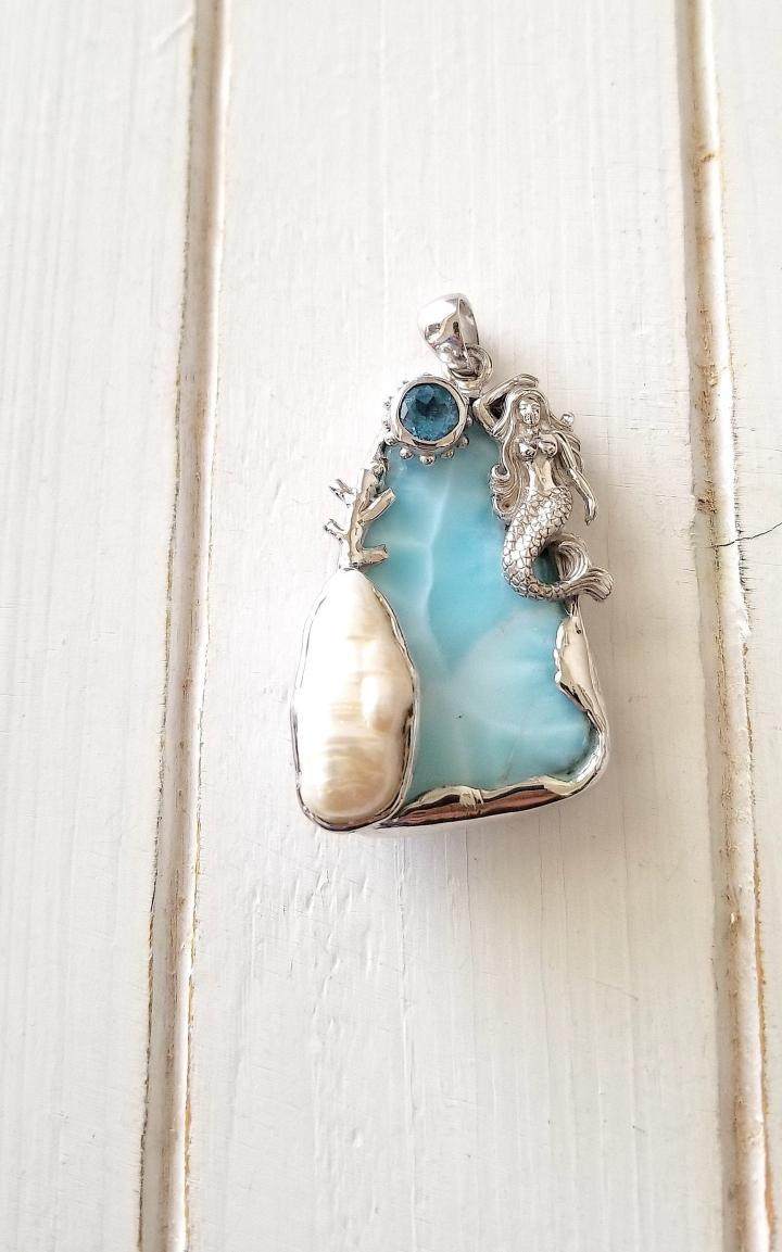 美国代购larimar手作别致花纹天然拉利玛石纯银项链定制