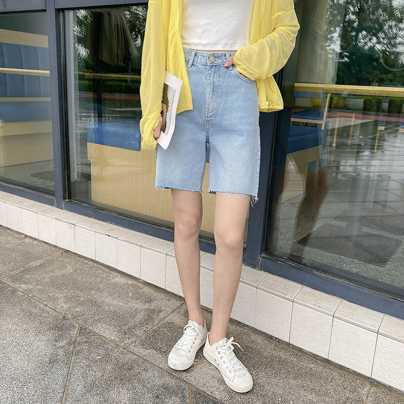 nancy日系女装毛边牛仔中裤早秋高腰显瘦个性牛仔裤