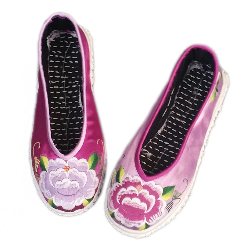 锦上添花手工缎面紫色双色千层绣花鞋民族风新款金花布鞋