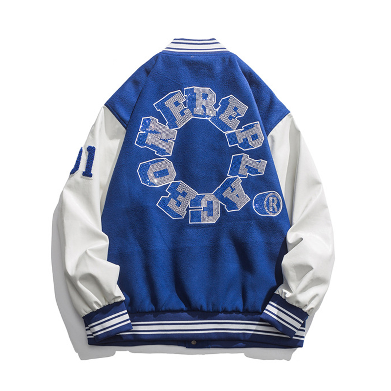 vintage美式棒球服烫钻男女ins潮牌春秋季宽松拼接夹克外套情侣装