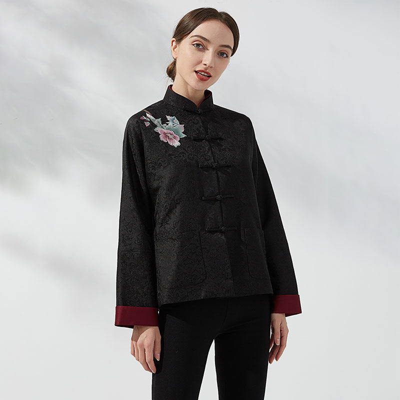 黑色刺绣中式立领纯色短款通勤单件春季蚕丝直筒单排扣对襟女外套