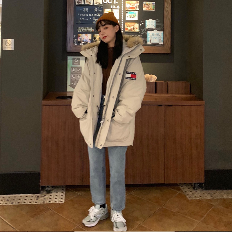 BOSSCHEN多口袋古着真毛领可拆卸工装羽绒服女宽松百搭网红ins潮