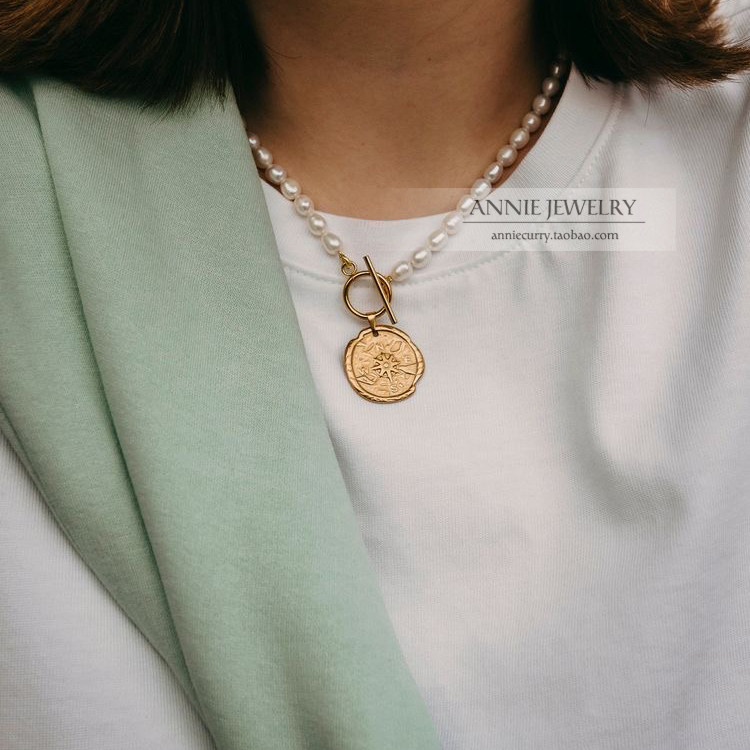 设计师品牌复古质感天然巴洛克珍珠数字硬币头像指南针项链