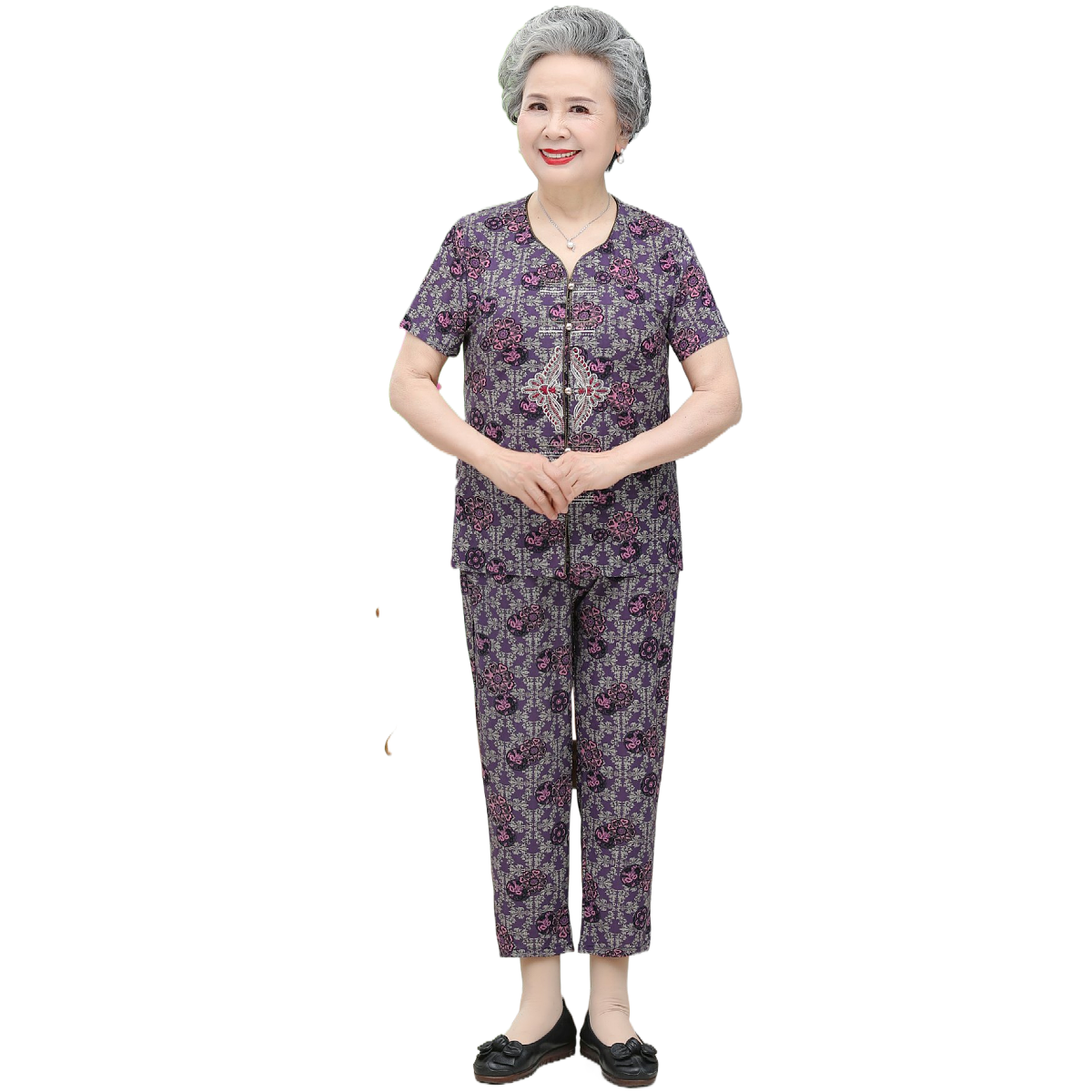 中老年人夏装套装妈妈短袖老太太碎花大码奶奶矮个子中老年女装