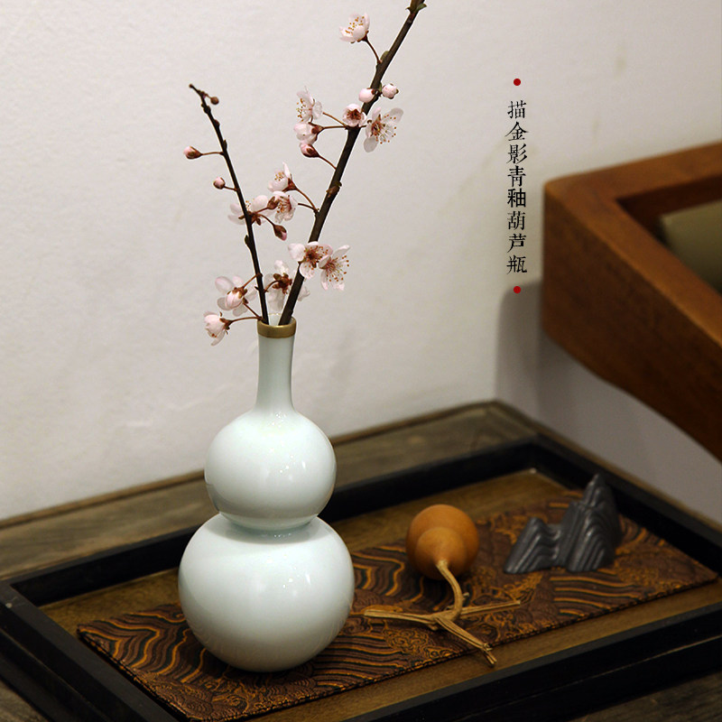 花瓶手绘描金影青釉葫芦福禄瓶大吉瓶清供礼景德镇茶席摆件小花瓶
