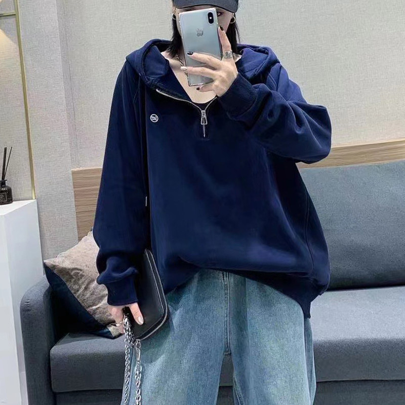 连帽拉链半开领加加厚卫衣女mm中长款韩版宽松卫衣