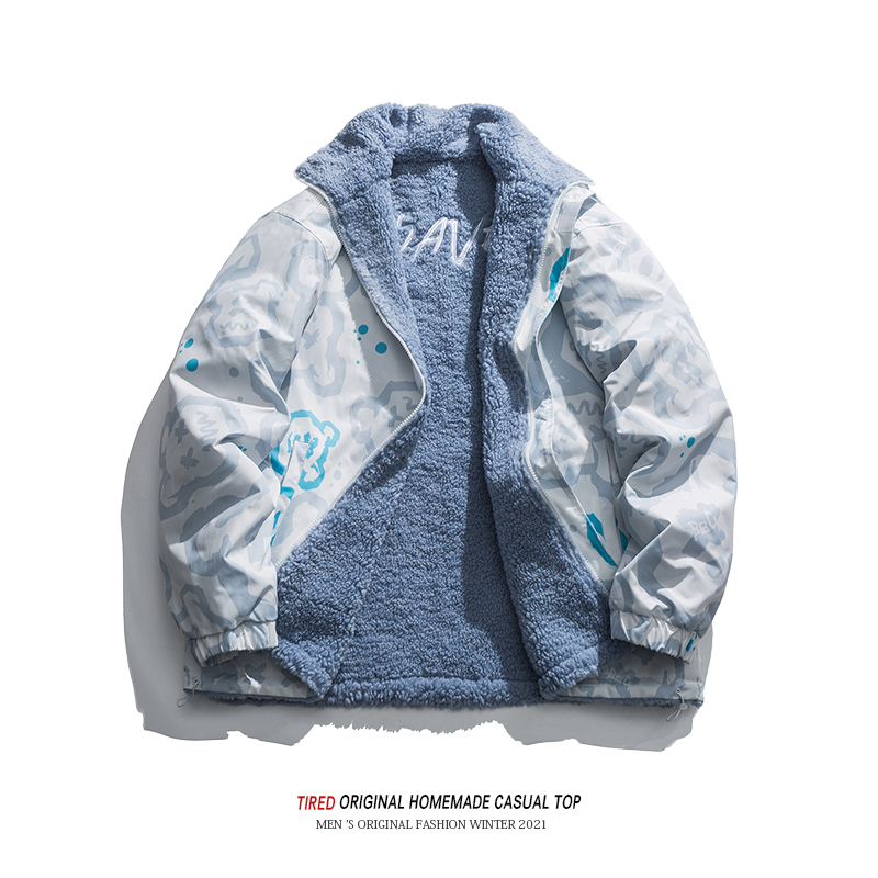 美式潮牌羊羔毛棉衣男冬季情侣两面穿立领棉服男加厚外套保暖棉袄