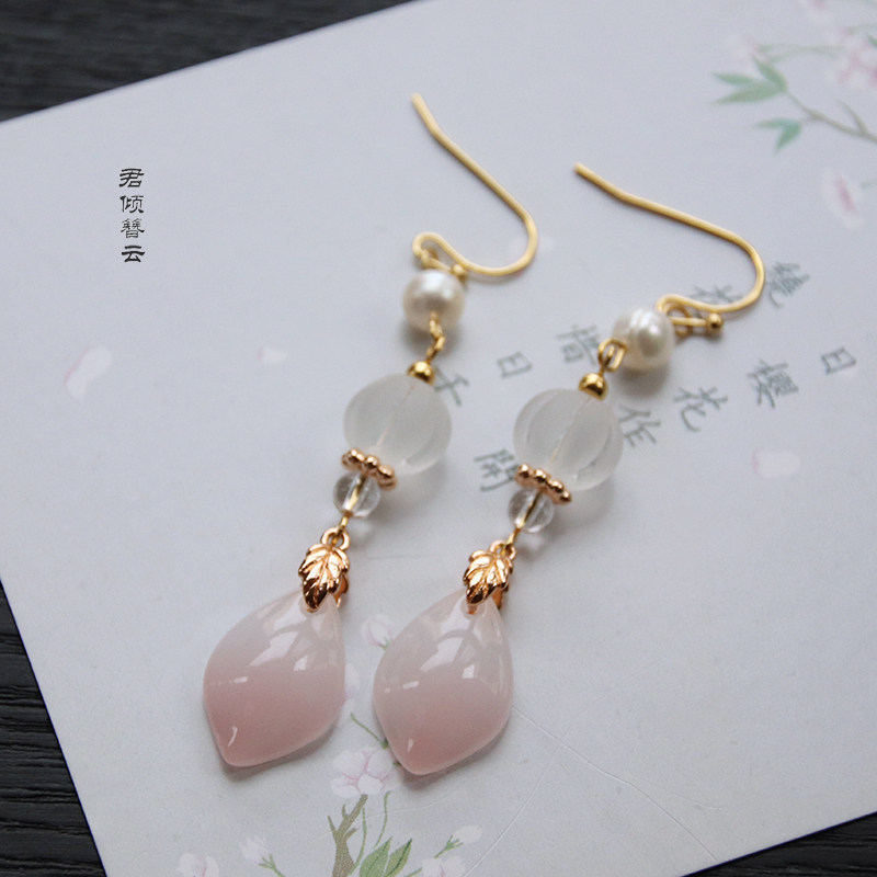 耳饰清新粉色花瓣耳环汉服古风饰品长耳耳坠耳环