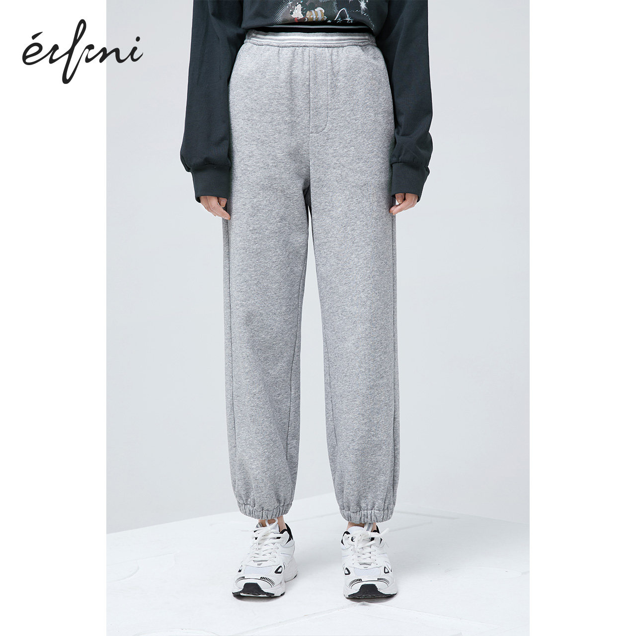 伊芙丽运动休闲裤卫裤女灰色束脚宽松裤女裤子高街显休闲裤