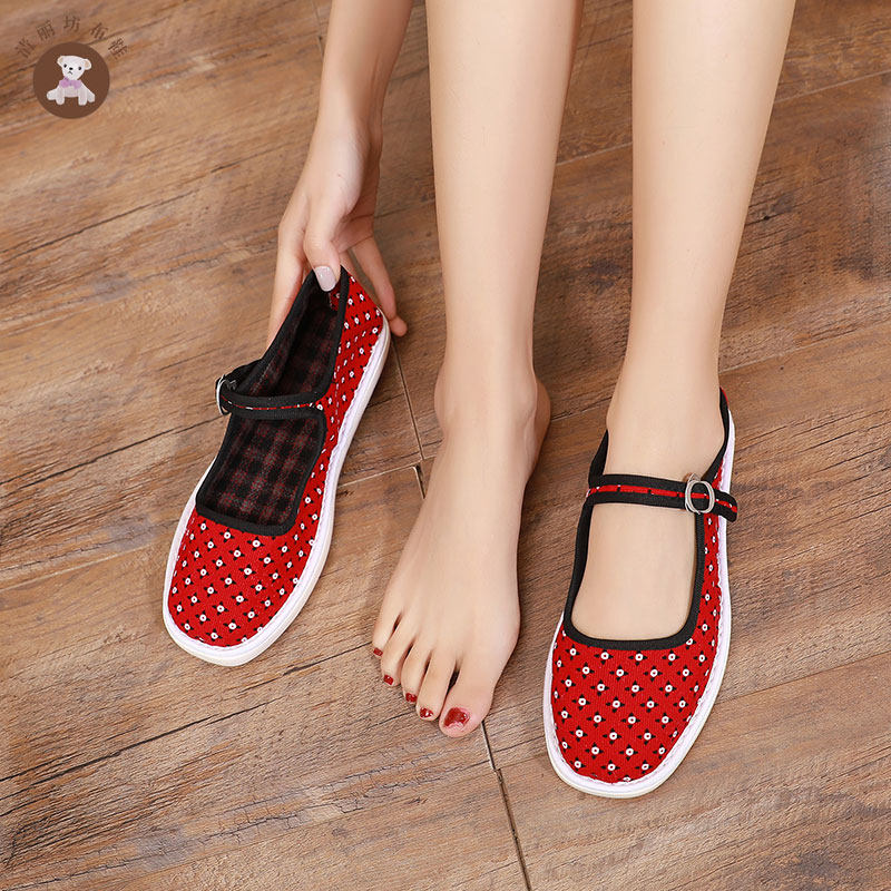 手工女士布鞋方口搭妈妈老北京平底搭扣广场舞一体布鞋