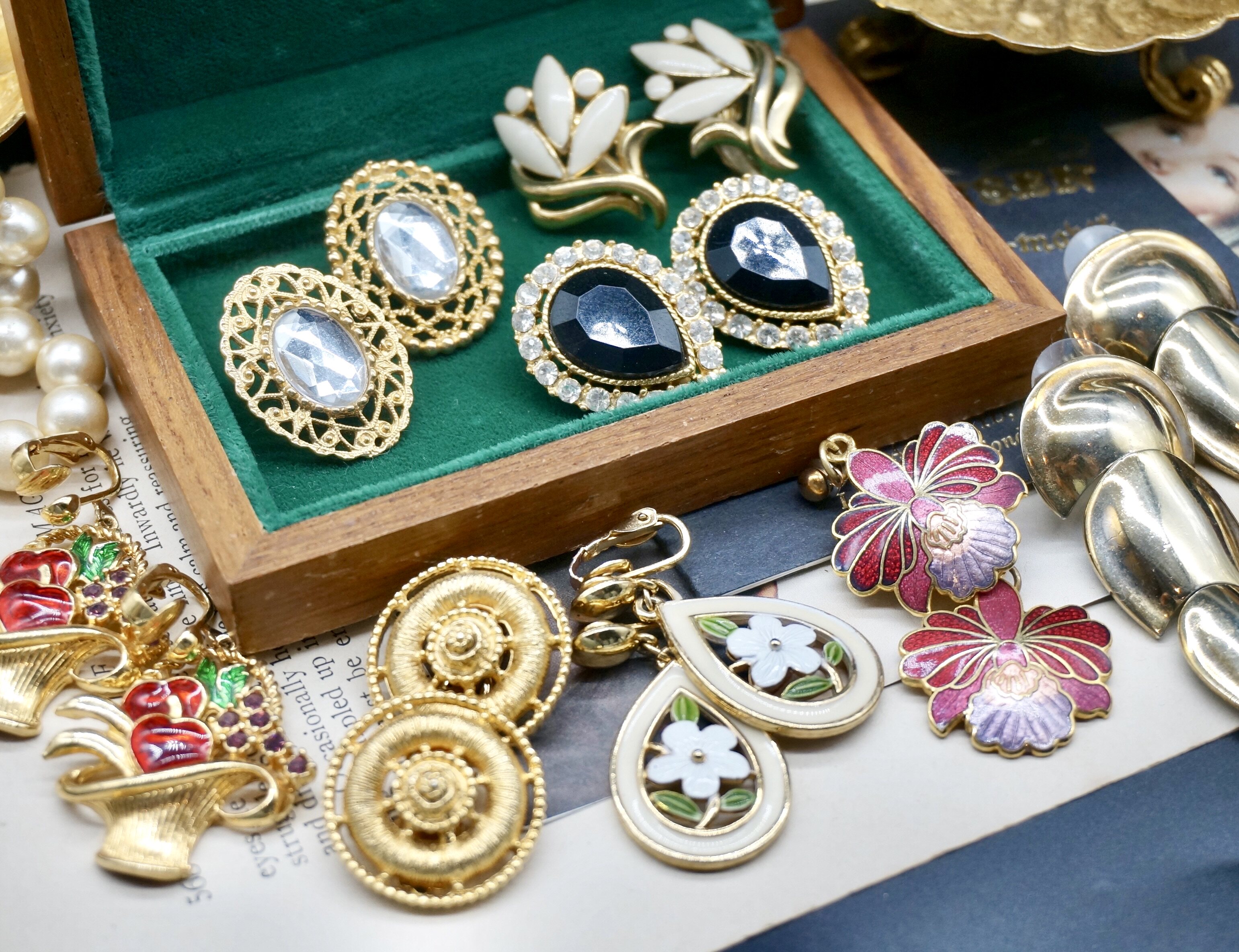 vintage西洋中古古董首饰金色彩宝耳夹复古着婚礼耳夹