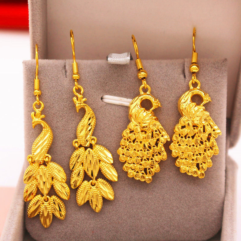 孔雀凤凰耳坠新娘结婚首饰纯铜镀金金黄金越耳环