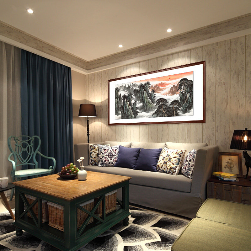 中式客厅办公室黄山风景画靠山旭日东升无水风水画挂画国画