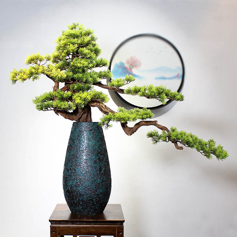 新中式酒店样板房玄关客厅家居大堂盆景松树仿真摆件