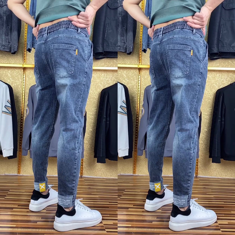 秋季新款牛仔裤男士修身潮流简约百搭小脚裤松紧腰时尚休闲直筒裤