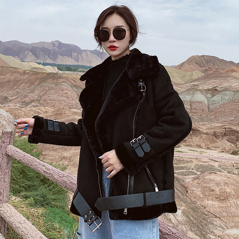 鹿皮绒外套女羊羔毛皮毛一体短款机车服加绒加厚2021秋冬新款夹克