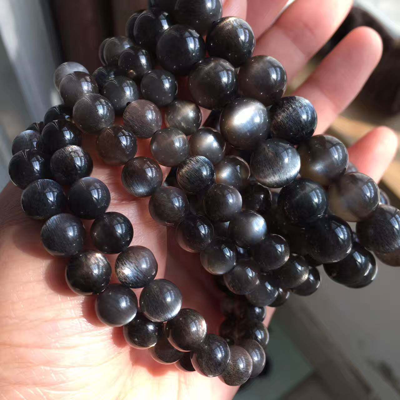 天然收藏级黑月光石手链骨干发晶手猫眼太阳石强光手链