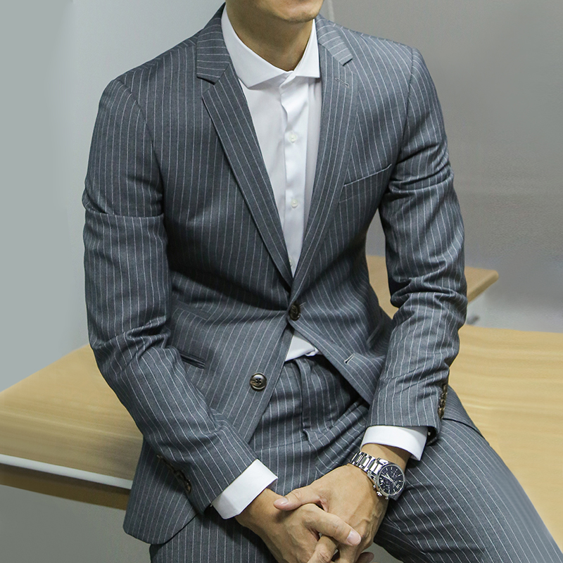 Seno意式西装条纹西装男两件套商务休闲韩版青年职业正装西服外套