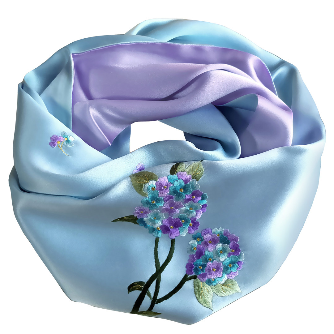 秋冬民族风蓝色真丝围巾刺绣桑蚕丝丝巾双面杭州丝绸小披肩配旗袍