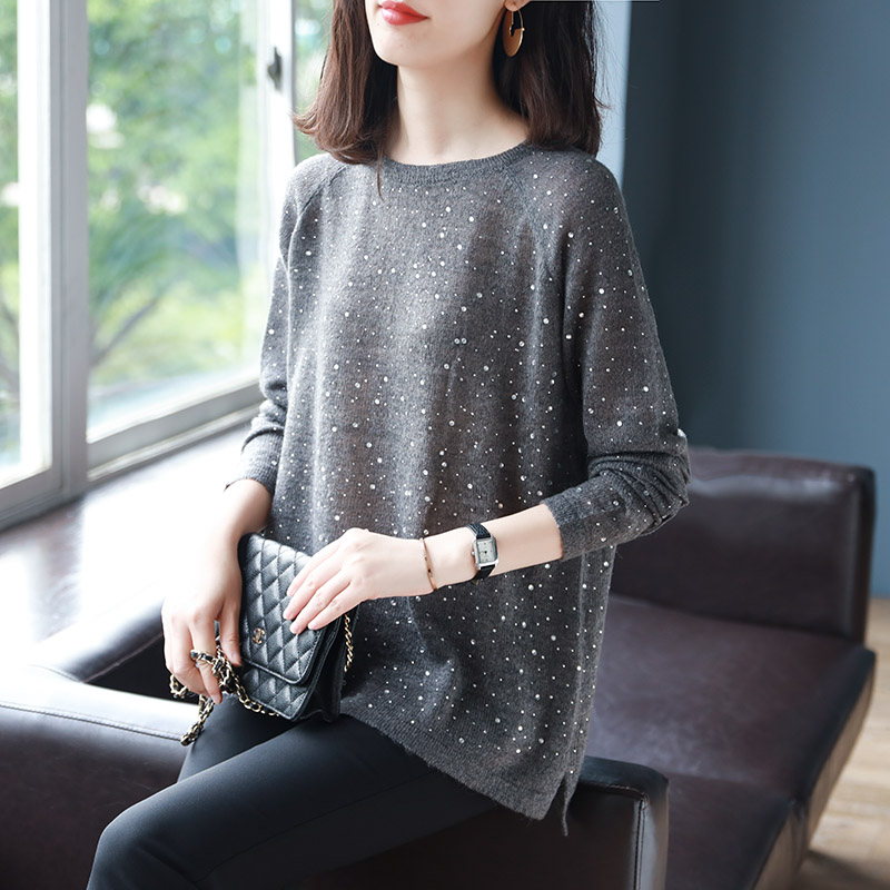 宝诗黎长袖亮钻针织衫春季新款女2020洋气薄款打底衫时尚女装上衣