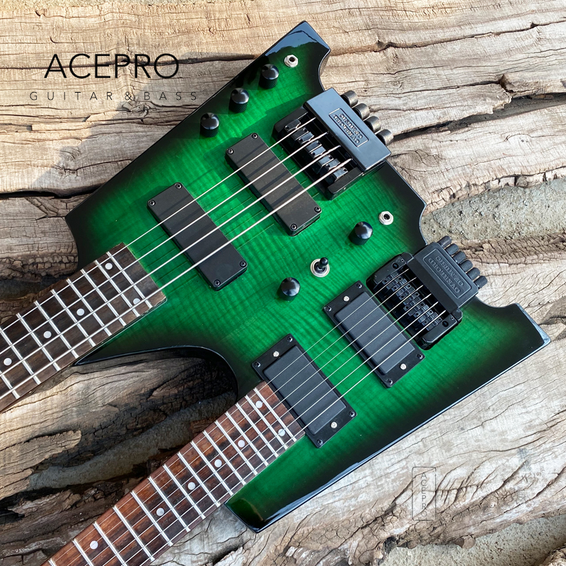 acepro双琴颈电吉他4弦贝斯低音bass6弦电吉他双头无头绿色