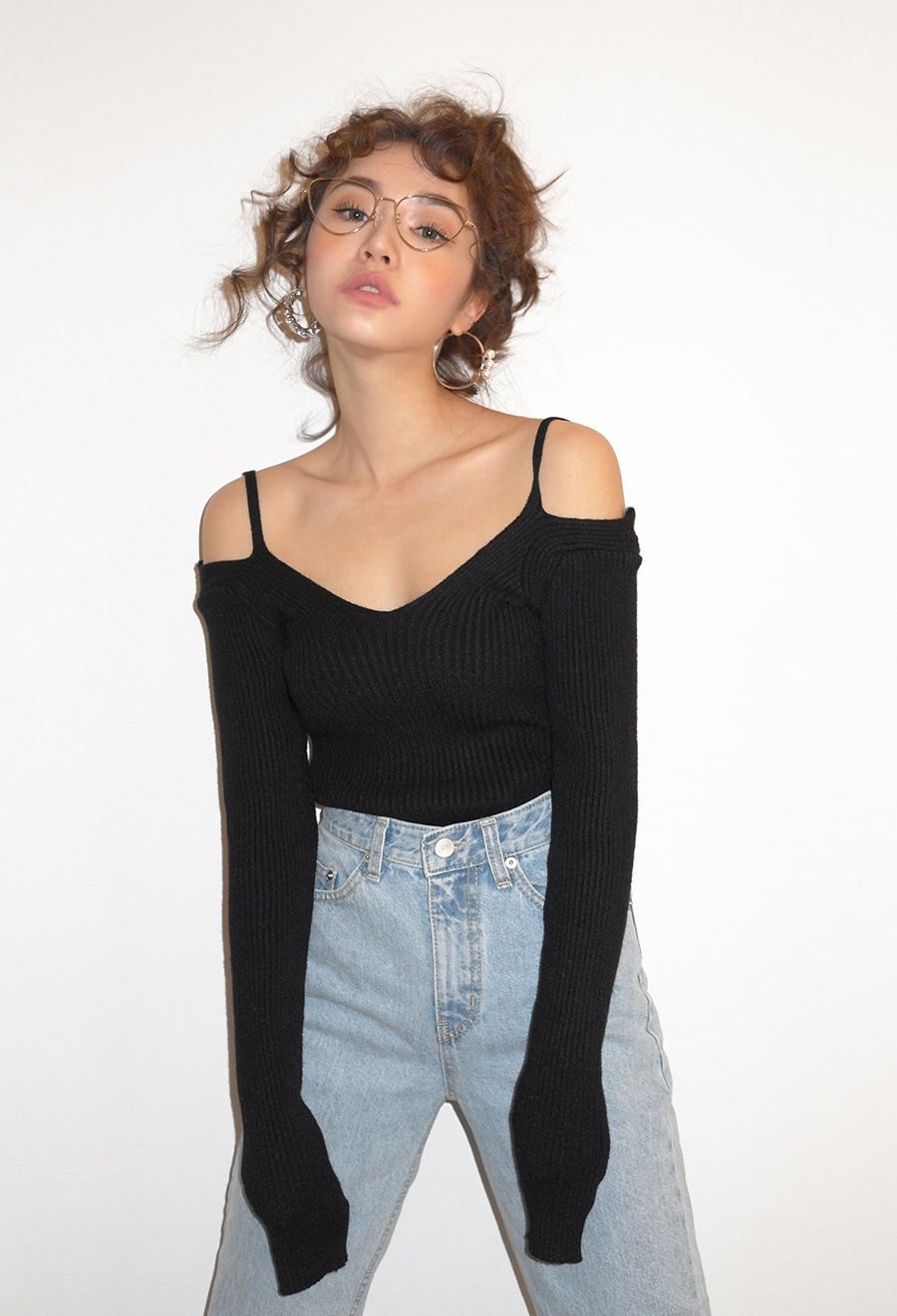 韩国stylenanda春秋弹力修身螺纹性感一字露肩针织t恤