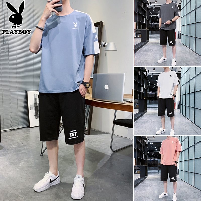 花花公子夏季冰丝短袖T恤男潮牌纯棉宽松夏装青少年休闲运动套装
