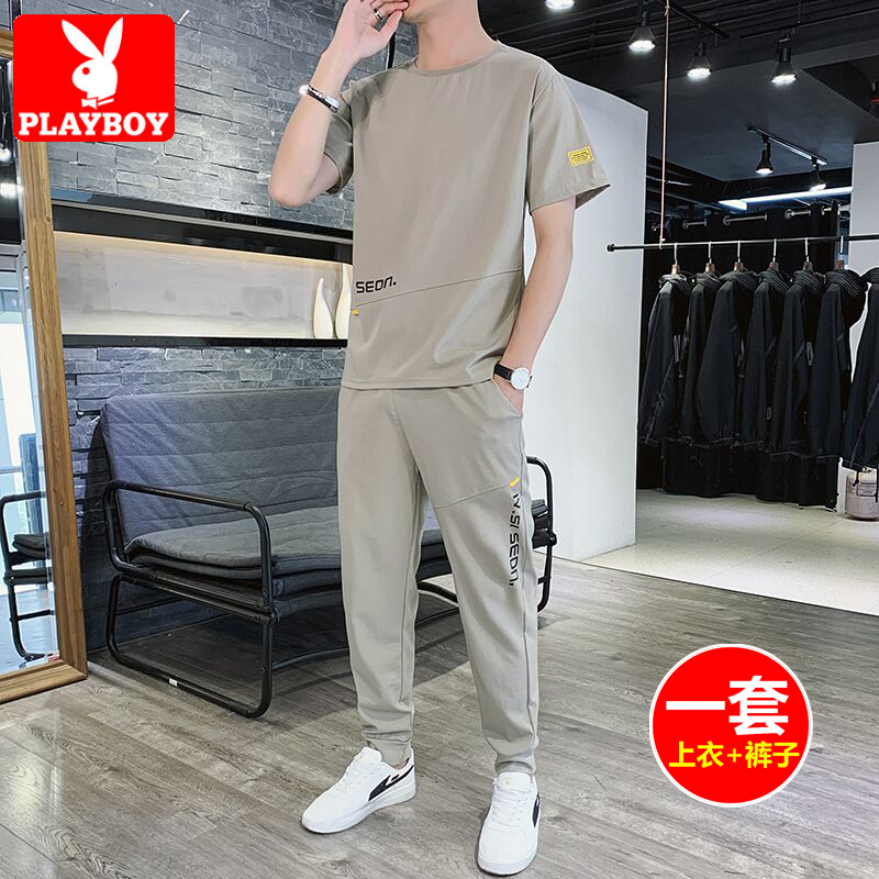 花花公子夏季冰丝短袖t恤男休闲运动套装ins潮流潮牌一套搭配帅气